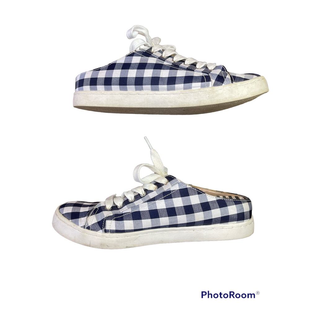 Betsey Johnson Gingham Blue White Slip On Mules Embroider Honey Bee Size 8.5 - Picture 3 of 7